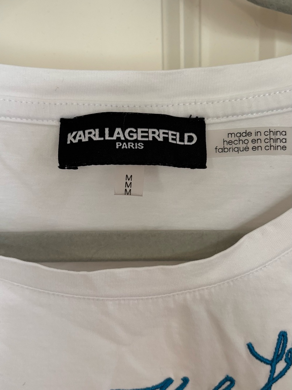 Karl Lagerfeld White Short Sleeve Crewneck Tee with Blue Embroidery